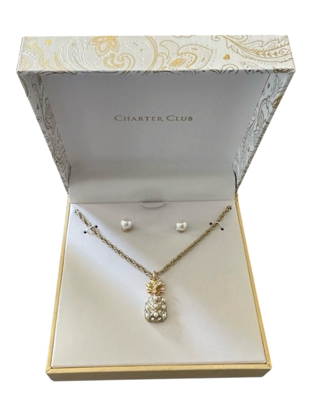 Charter Club Pineapple Pendant Necklace & Pearl Stud Earrings Set NWT